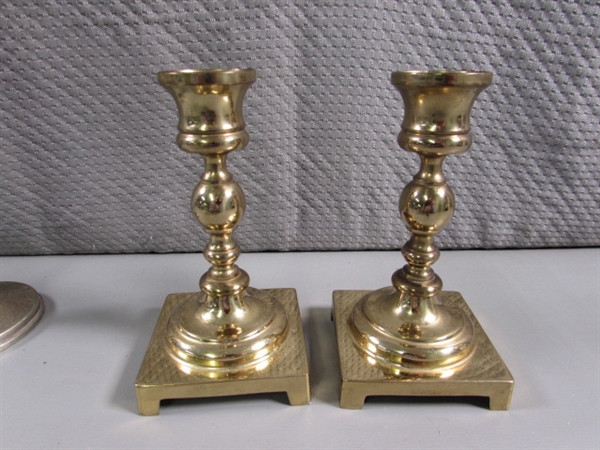 COPPER & BRASS CANDLESTICKS & STERLING (WEIGHTED) BUD VASE