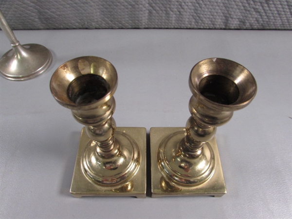 COPPER & BRASS CANDLESTICKS & STERLING (WEIGHTED) BUD VASE