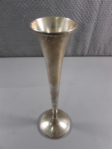 COPPER & BRASS CANDLESTICKS & STERLING (WEIGHTED) BUD VASE