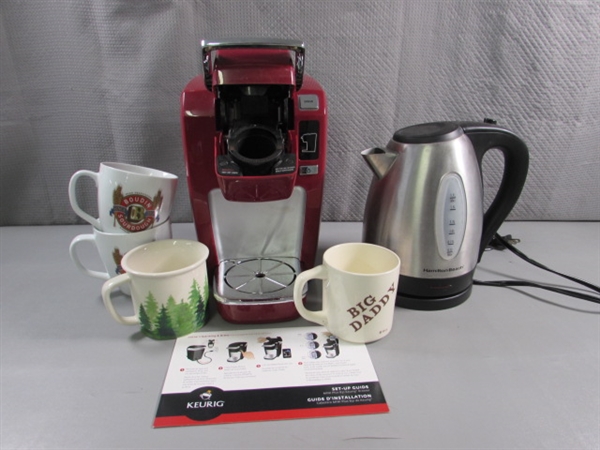 KEURIG COFFEE MAKER, ELECTRIC KETTLE & MUGS