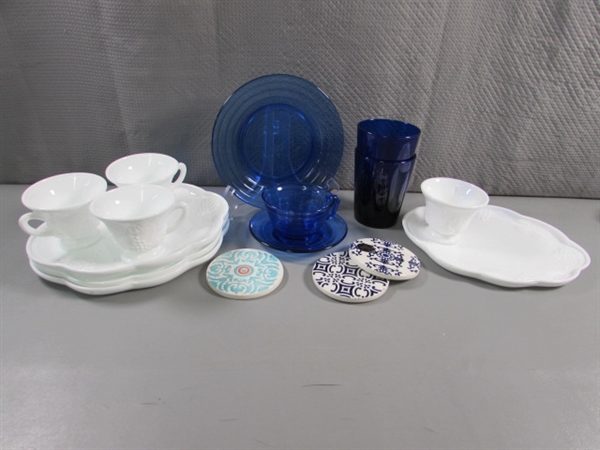 VINTAGE MILK GLASS SNACK SETS, MODERN COBALT GLASSWARE & PORTUGUESE COASTERS