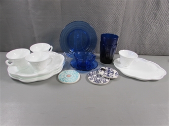 VINTAGE MILK GLASS SNACK SETS, MODERN COBALT GLASSWARE & PORTUGUESE COASTERS