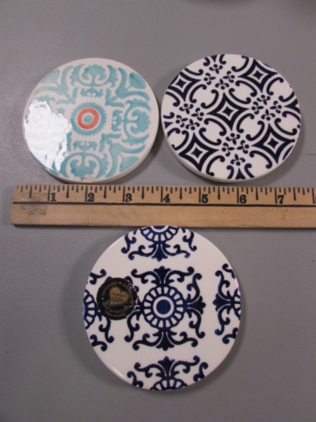 VINTAGE MILK GLASS SNACK SETS, MODERN COBALT GLASSWARE & PORTUGUESE COASTERS