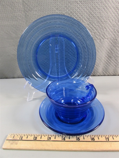 VINTAGE MILK GLASS SNACK SETS, MODERN COBALT GLASSWARE & PORTUGUESE COASTERS