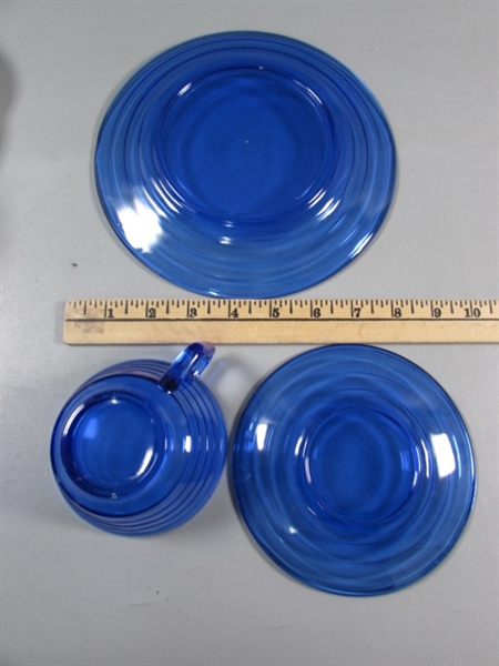 VINTAGE MILK GLASS SNACK SETS, MODERN COBALT GLASSWARE & PORTUGUESE COASTERS