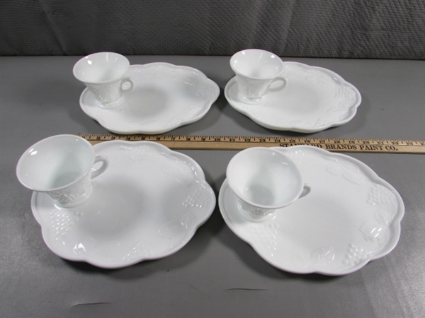 VINTAGE MILK GLASS SNACK SETS, MODERN COBALT GLASSWARE & PORTUGUESE COASTERS