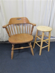 VINTAGE WINDSOR CHAIR & WOODEN BARSTOOL