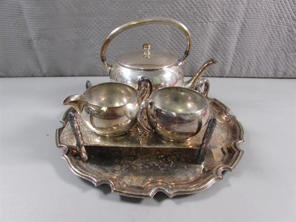 VINTAGE SILVERPLATE TEA SET & TRAYS