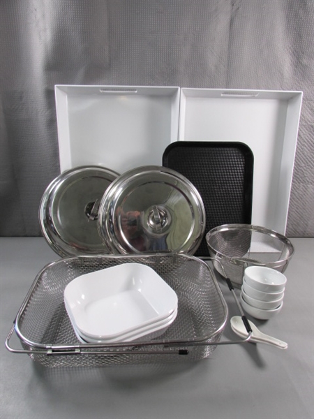 MELAMINE TRAYS & NOODLE BOWLS, STAINLESS CLOCHES, STRAINERS & MORE