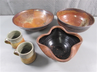 CLAY POTTERY BOWLS & DEMITASSE MUGS