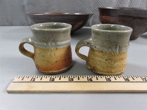 CLAY POTTERY BOWLS & DEMITASSE MUGS