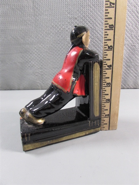 VTG ROYAL COPLEY ORIENTAL GIRL WALL POCKET, CHINESE CHILD BOOKEND & MCM ART DECO VASE