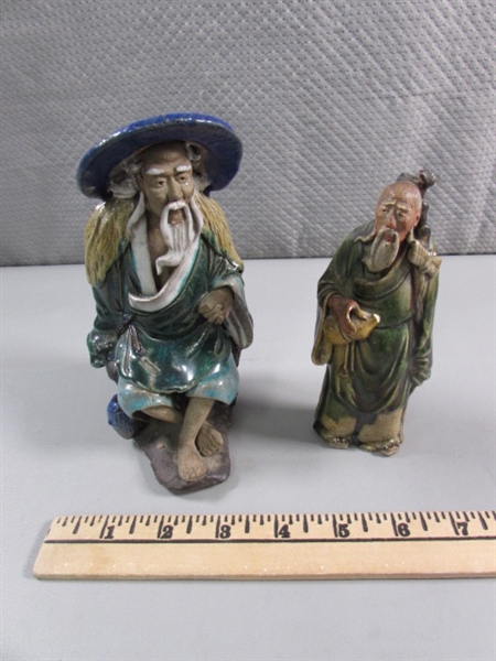 2 VINTAGE CHINESE MUDMAN GLAZED CLAY FIGURES