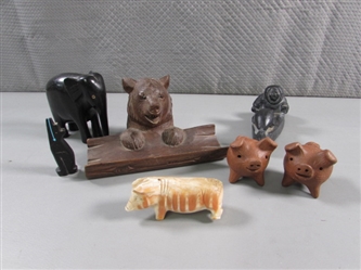 CARVED ANIMAL FIGURINES & BEAR INKWELL/PEN HOLDER