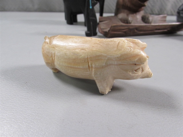 CARVED ANIMAL FIGURINES & BEAR INKWELL/PEN HOLDER