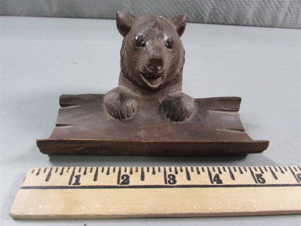 CARVED ANIMAL FIGURINES & BEAR INKWELL/PEN HOLDER