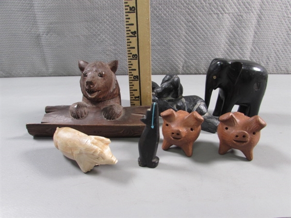 CARVED ANIMAL FIGURINES & BEAR INKWELL/PEN HOLDER