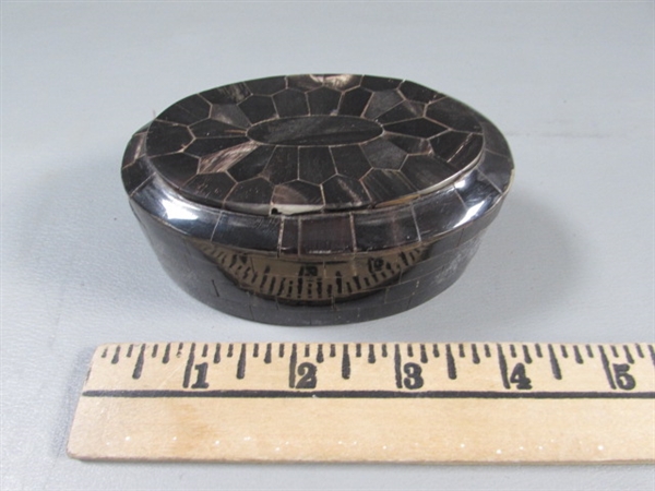 VTG PEARLITE BLACK STONE EAGLE TRINKET BOX & MOSAIC TILED TRINKET BOX