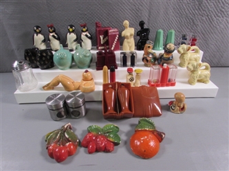 VINTAGE SALT & PEPPER SHAKERS & CHALKWARE FRUIT WALL DECOR