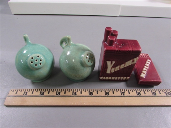 VINTAGE SALT & PEPPER SHAKERS & CHALKWARE FRUIT WALL DECOR