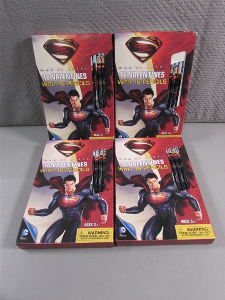 4 NEW BOXES OF SUPERMAN VALENTINES DAY CARDS WITH PENCILS - 16 COUNT X 4