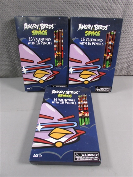 3 NEW BOXES OF ANGRY BIRDS SPACE VALENTINES DAY CARDS W/PENCILS - 16 COUNT X 4