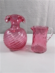 VINTAGE HAND BLOWN CRANBERRY CHALET GLASS VASE & FENTON CREAMER W/CLEAR HANDLE