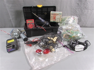 SMALL TOOLBOX WITH WIRING TESTERS, TRAILER WIRING, PLUGS & MORE