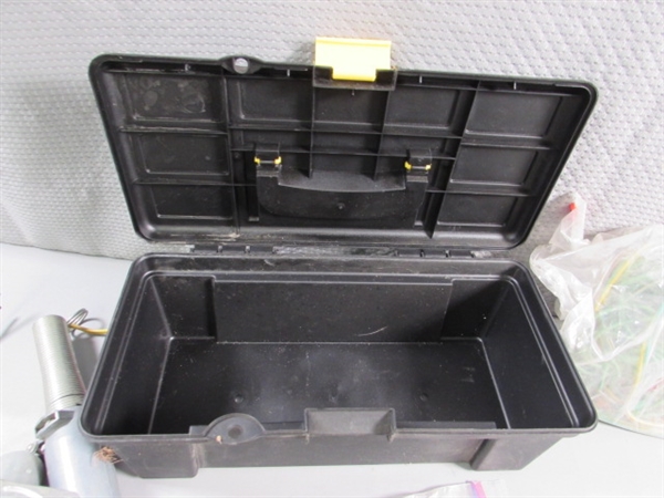 SMALL TOOLBOX WITH WIRING TESTERS, TRAILER WIRING, PLUGS & MORE