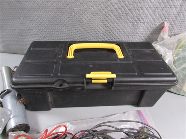 SMALL TOOLBOX WITH WIRING TESTERS, TRAILER WIRING, PLUGS & MORE