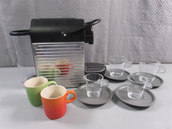 NESPRESSO MACHINE, CUPS/SAUCERS & 2 LE CREUSET ESPRESSO CUPS