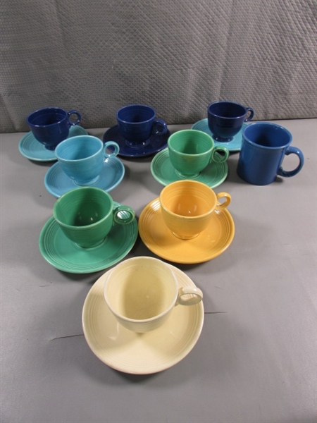 FIESTAWARE TEA CUPS & SAUCERS & A COFFEE MUG