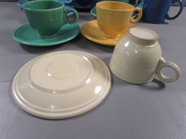 FIESTAWARE TEA CUPS & SAUCERS & A COFFEE MUG