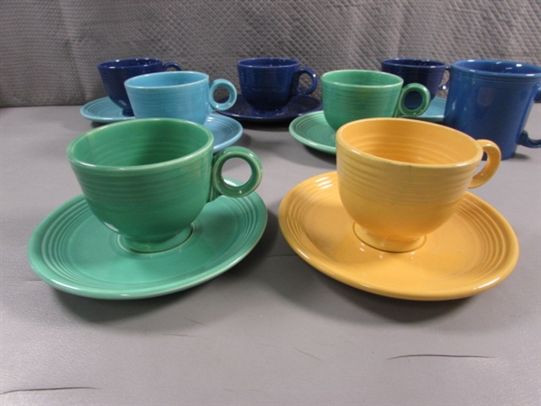 FIESTAWARE TEA CUPS & SAUCERS & A COFFEE MUG