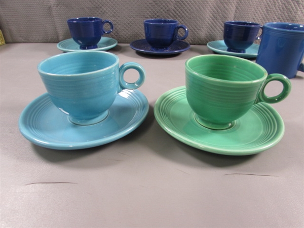 FIESTAWARE TEA CUPS & SAUCERS & A COFFEE MUG