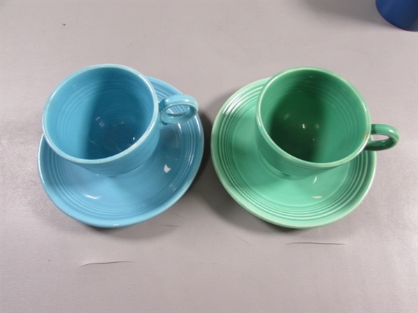 FIESTAWARE TEA CUPS & SAUCERS & A COFFEE MUG