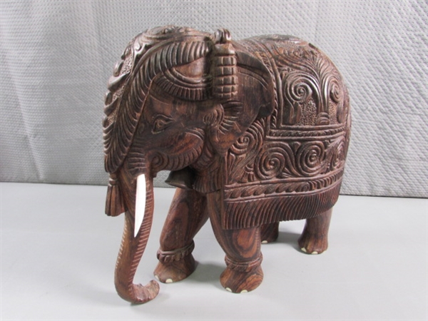 INTRICATELY CARVED WOODEN ELEPHANT STATUE