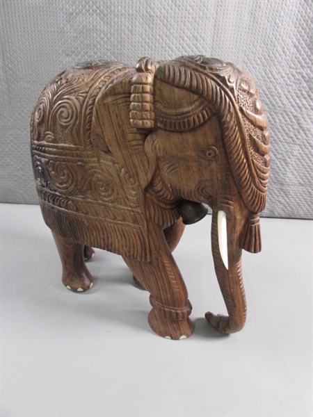 INTRICATELY CARVED WOODEN ELEPHANT STATUE