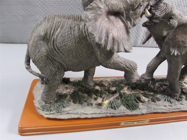 ELEPHANTS ON WOOD BASE STATUE - RESIN