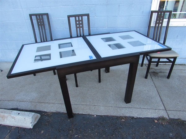 ITALIAN EXTENDABLE GLASS TOP DINING TABLE W/4 CHAIRS