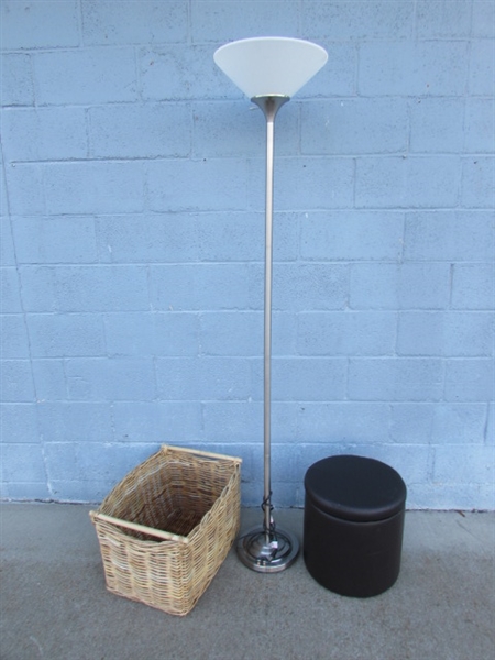 FLOOR LAMP, STORAGE STOOL & LARGE WICKER STORAGE BASKET