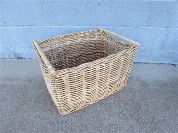 FLOOR LAMP, STORAGE STOOL & LARGE WICKER STORAGE BASKET