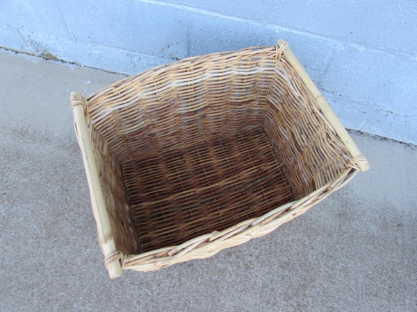 FLOOR LAMP, STORAGE STOOL & LARGE WICKER STORAGE BASKET