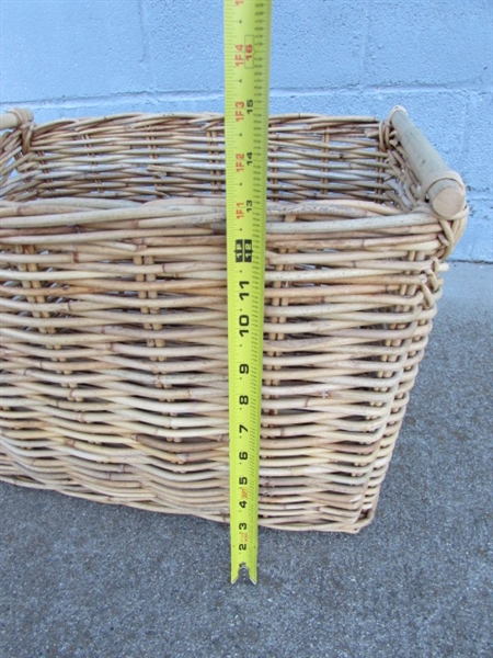 FLOOR LAMP, STORAGE STOOL & LARGE WICKER STORAGE BASKET