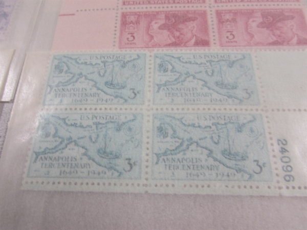 MOSTLY 3 CENT US POSTAGE STAMP BLOCKS IN GLASSINE ENVELOPES-UNUSED