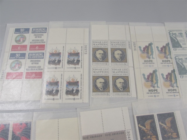 6-13 CENT US POSTAGE STAMP BLOCKS IN GLASSINE ENVELOPES-UNUSED