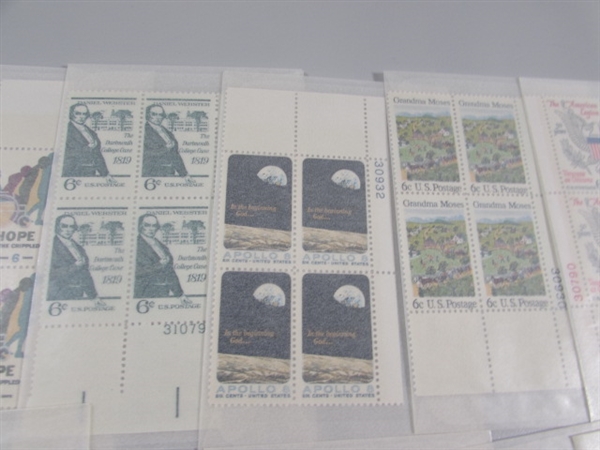 6-13 CENT US POSTAGE STAMP BLOCKS IN GLASSINE ENVELOPES-UNUSED