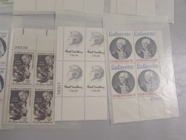 6-13 CENT US POSTAGE STAMP BLOCKS IN GLASSINE ENVELOPES-UNUSED