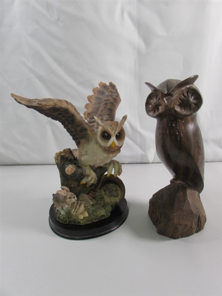 CARVED IRONWOOD & RESIN OWL STATUES