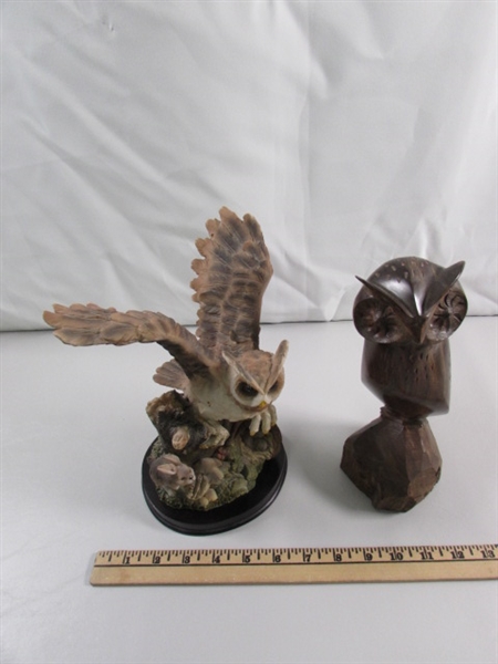 CARVED IRONWOOD & RESIN OWL STATUES